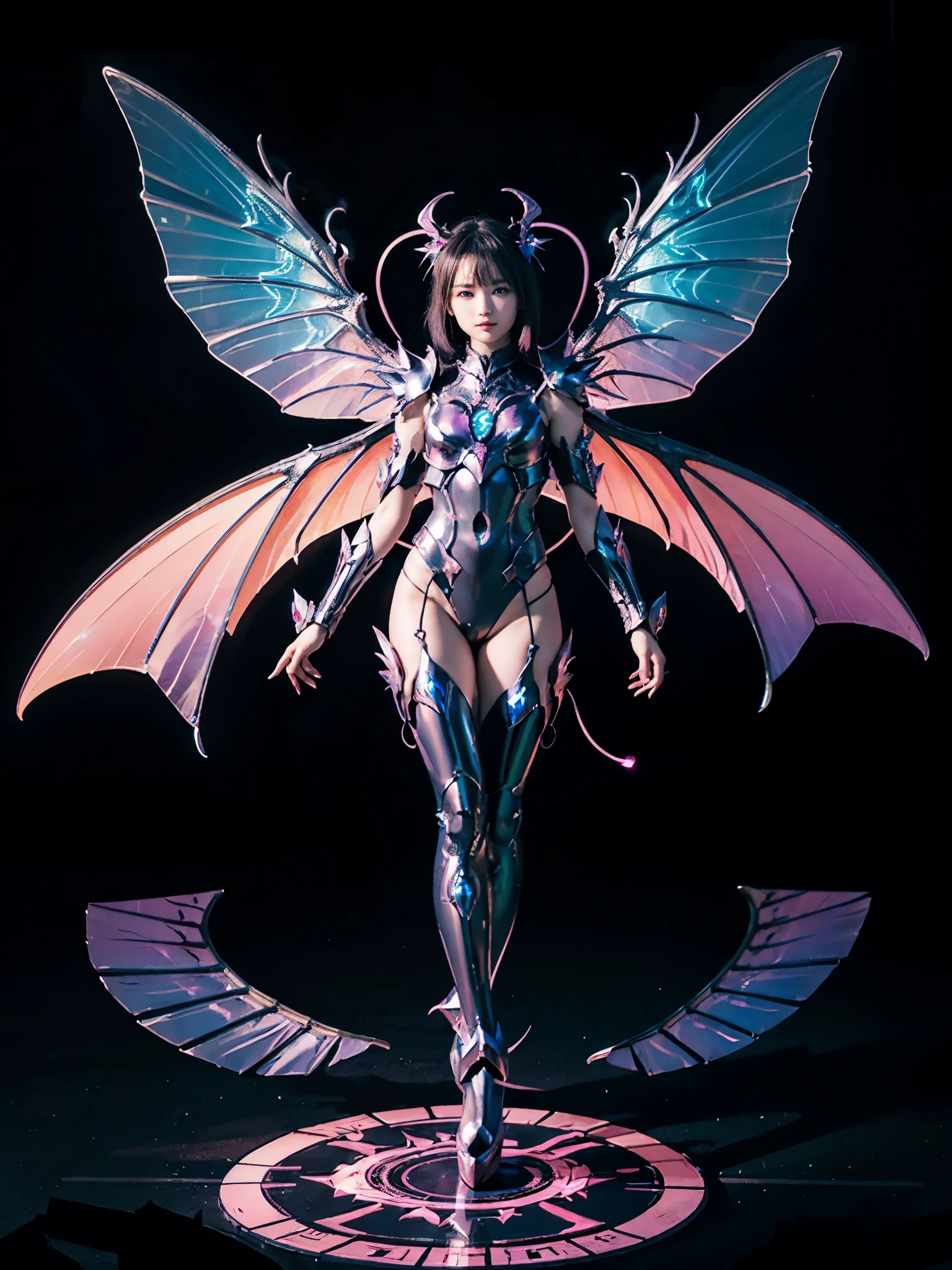 1girl, Armor, Wings, beautiful dragon, futuristic evolved Nekomata, (Neon glowing body), 2 tails, holographic, (The wings are symmetrically paired;1.5),