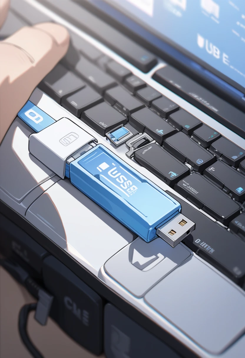 ((background only)),masterpiece, best quality, extremely detailed, ultra detailed, flat anime, 2D, A close-up of a hand inserting a USB flash drive into a laptop's USB port. The laptop keyboard is visible, with a 'delete' key in focus. The USB flash drive has a light blue casing and the text 'USB Flash Drive' printed on it.
