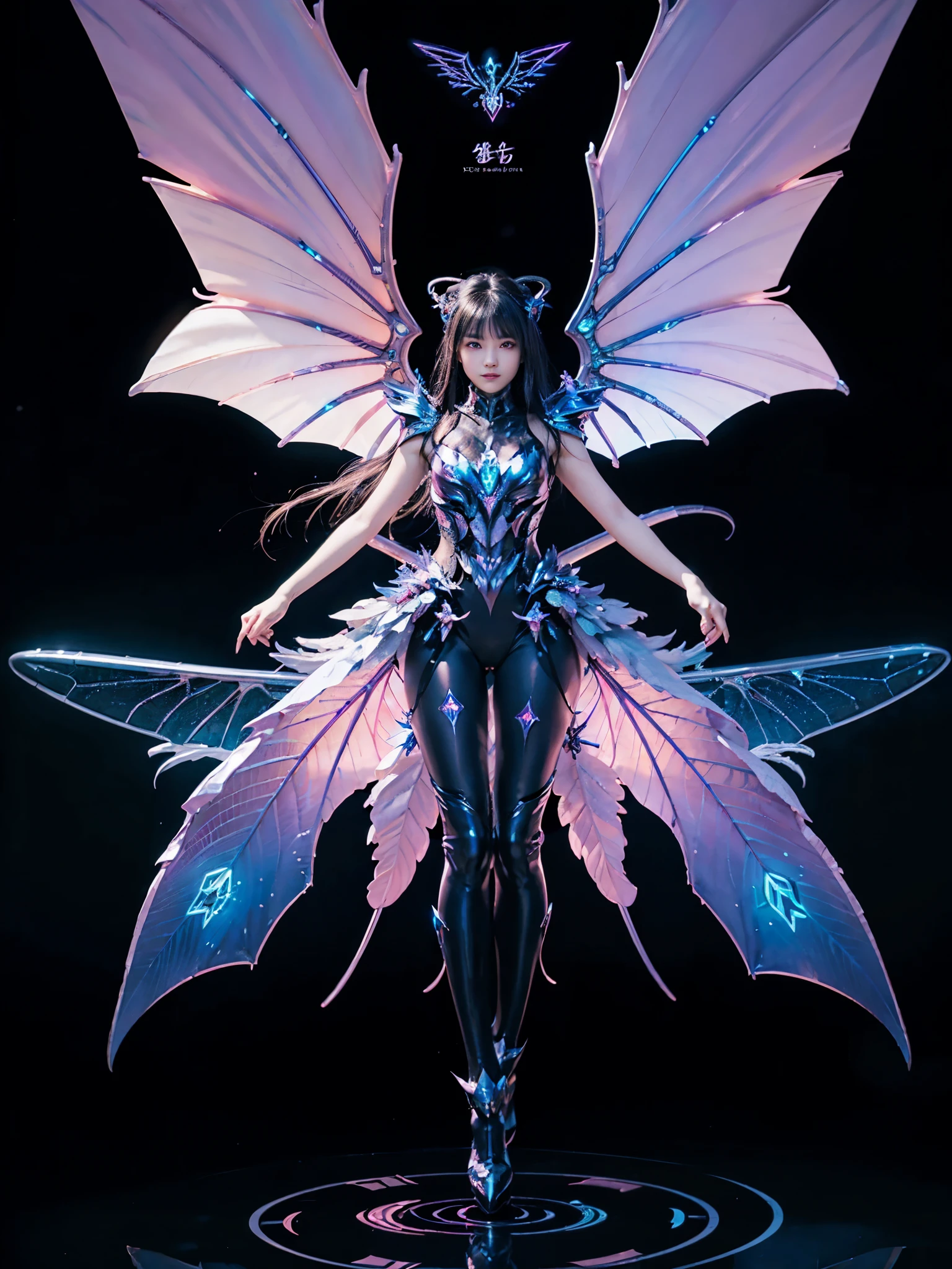 1girl, Armor, Wings, beautiful dragon, futuristic evolved Nekomata, (Neon glowing body), 2 tails, holographic, (The wings are symmetrically paired;1.5), 

