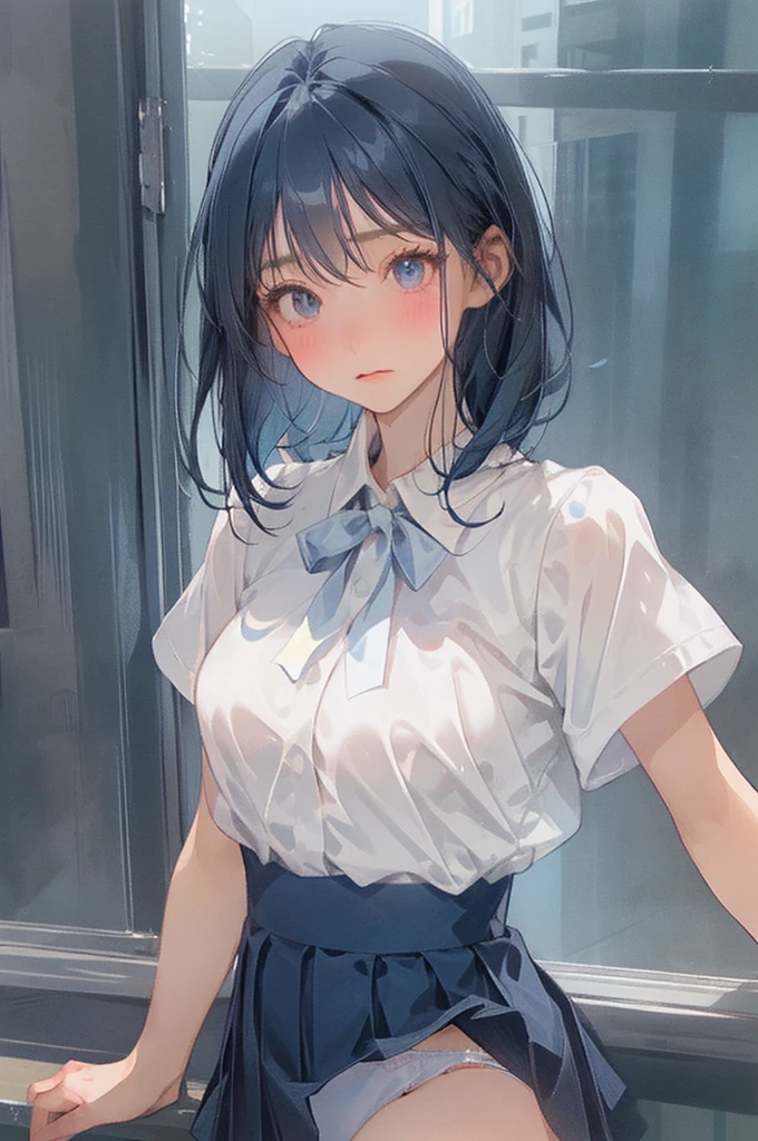 独奏、(Dark blue pleated skirt Dark blue、Dark blue micro mini skirt dark blue、Sailor suit summer uniform、Short sleeve white shirt、Navy Blue Ribbon)、(Big Breasts、slim、Slimming、Muscular、Beautiful Abs、Bare thighs)、(White, pale pink or pale blue panties、BREAK Panty Drop、Are standing、Raising his arms、Pussy、Pussyライン)、(I opened my mouth slightly、Sexy look、Blushing)、(Kyoto Animation Style、Dark blue shorthair、(Dark blue hair:1.7)、Blunt bangs、Hair between the eyes、Clear Eyes、Dark Eyes)、NSFW、high school girl、high school、classroom、