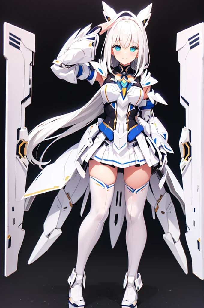 mecha wings、white and yellow skirt、Accentuated thighs、White tights、chest、Beautiful white hair、1 girl、solo girl、Thick thighs、IS、Frame Arms Girl、Alice Gere Aegis、White Armor、income、headphone、hand on own chest、smile、Idol Costume