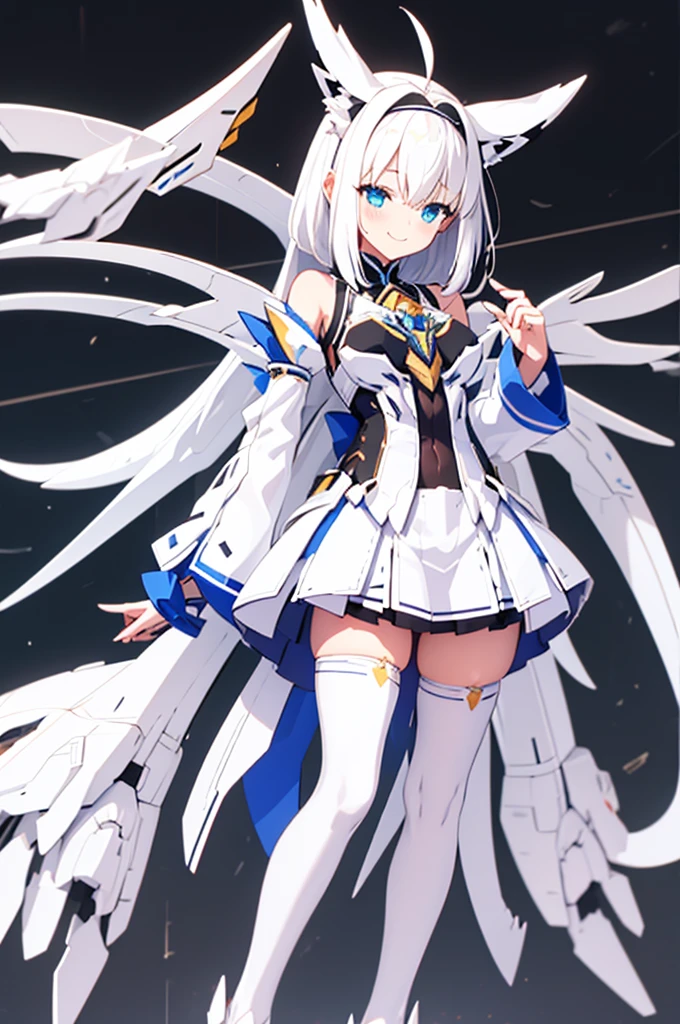 mecha wings、white and yellow skirt、Accentuated thighs、White tights、chest、Beautiful white hair、1 girl、solo girl、Thick thighs、IS、Frame Arms Girl、Alice Gere Aegis、White Armor、income、headphone、hand on own chest、smile、Idol Costume