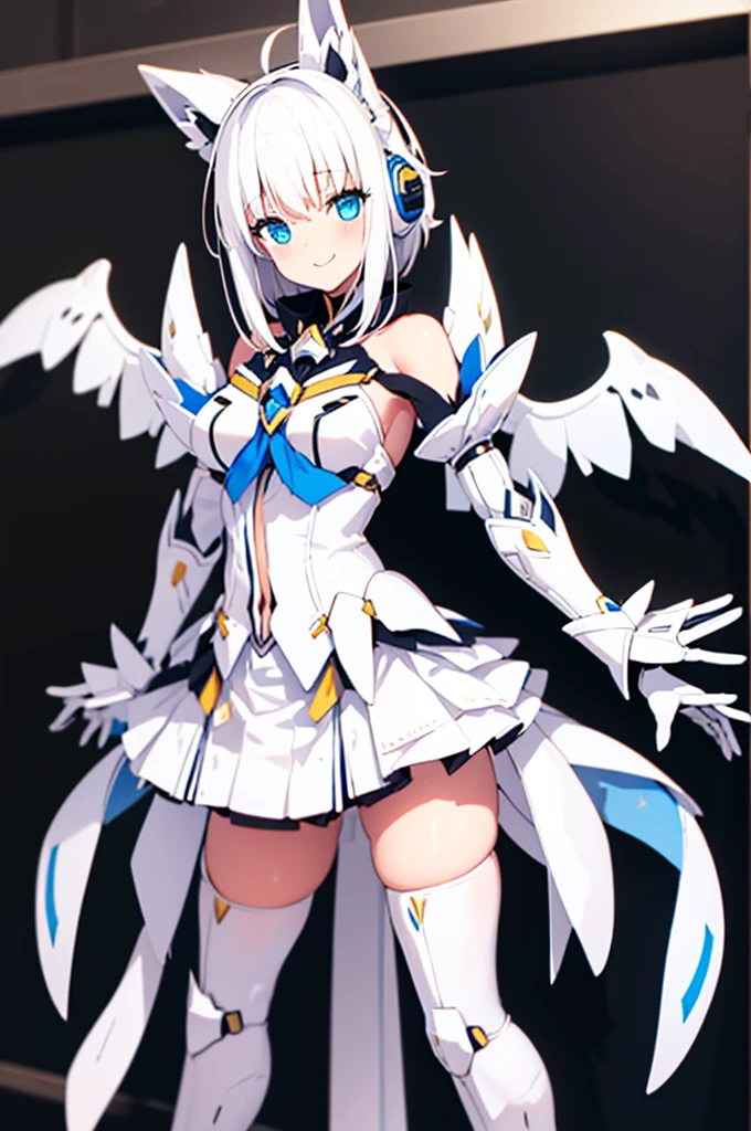 mecha wings、white and yellow skirt、Accentuated thighs、White tights、chest、Beautiful white hair、1 girl、solo girl、Thick thighs、IS、Frame Arms Girl、Alice Gere Aegis、White Armor、income、headphone、hand on own chest、smile、Idol Costume