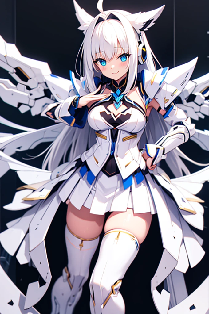 mecha wings、white and yellow skirt、Accentuated thighs、White tights、chest、Beautiful white hair、1 girl、solo girl、Thick thighs、IS、Frame Arms Girl、Alice Gere Aegis、White Armor、income、headphone、hand on own chest、smile、Idol Costume
