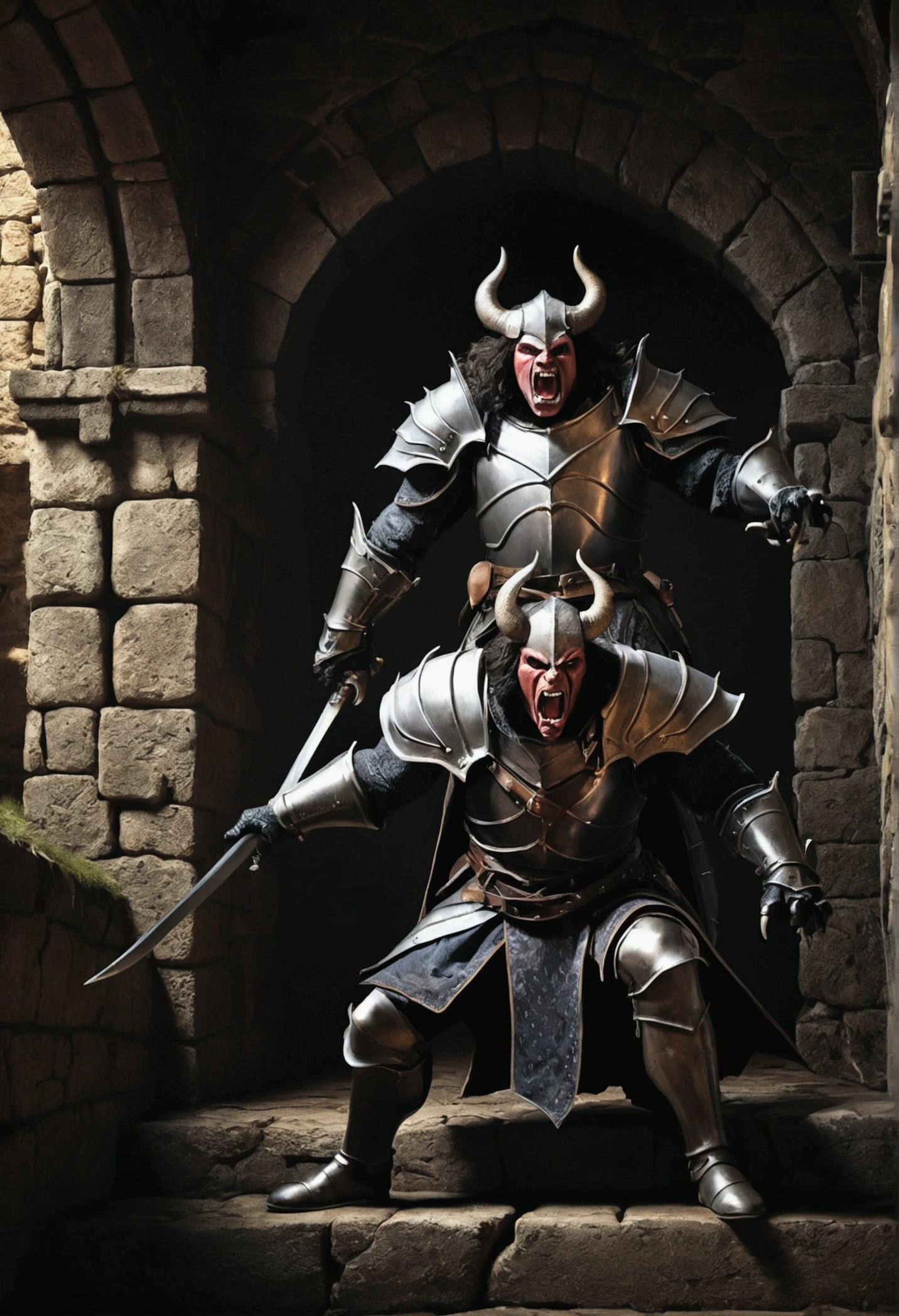 cavalier, Demons, Two monsters, cross-section,illustration, Details of the interior of the castle, Gloomy atmosphere, Middle Ages style, Dim lighting, Stone walls, Spooky shadows, Mystical Artifacts, Combat posture, Intense action, Fierce expression, Menacing claws, Sharp teeth, Menacing presence, Ominous feeling, High-quality rendering, Super detailed characters, Realistic textures, dark palette, Dramatic lighting,Game levels