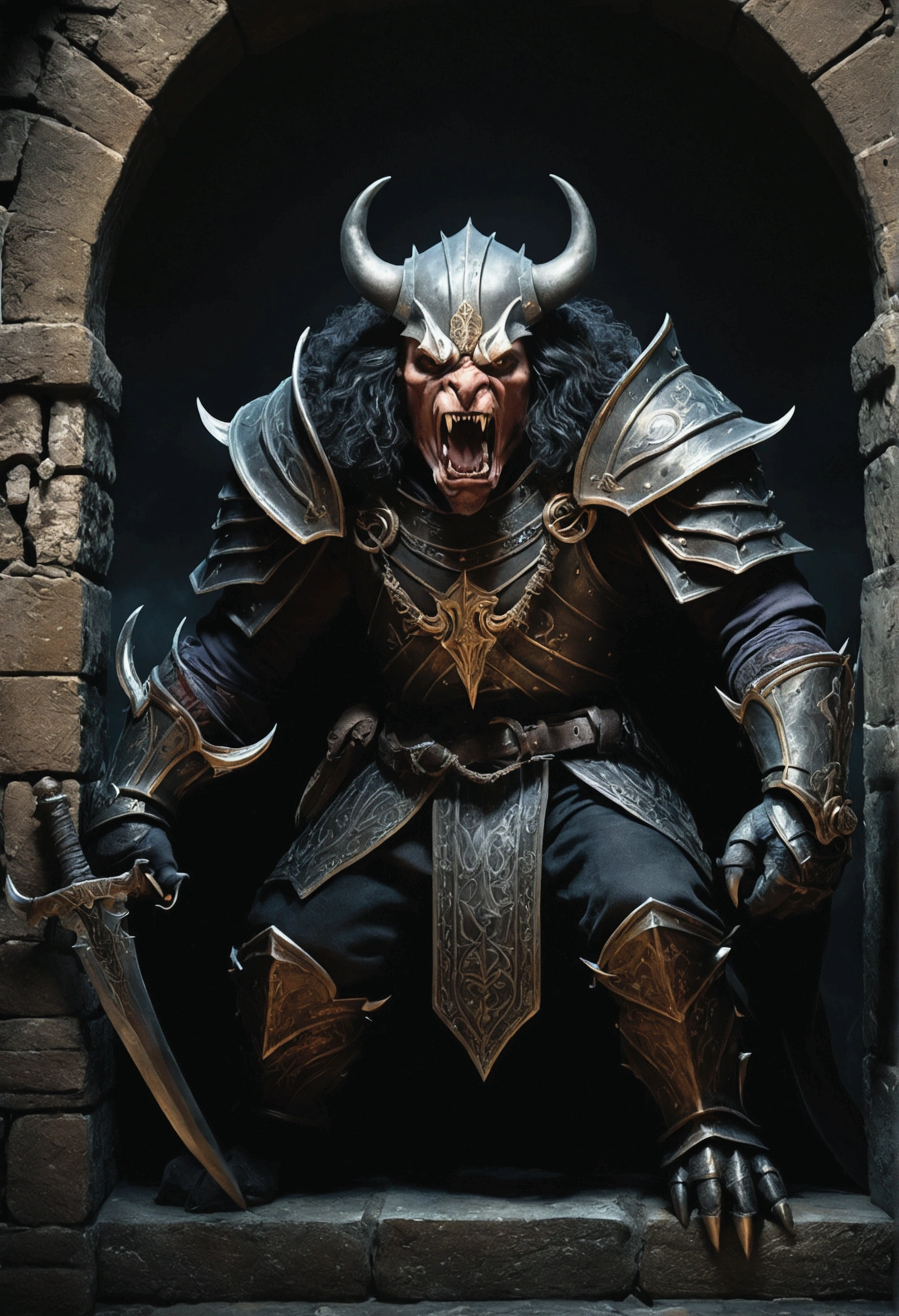 cavalier, Demons, Two monsters, cross-section,illustration, Details of the interior of the castle, Gloomy atmosphere, Middle Ages style, Dim lighting, Stone walls, Spooky shadows, Mystical Artifacts, Combat posture, Intense action, Fierce expression, Menacing claws, Sharp teeth, Menacing presence, Ominous feeling, High-quality rendering, Super detailed characters, Realistic textures, dark palette, Dramatic lighting,Game levels