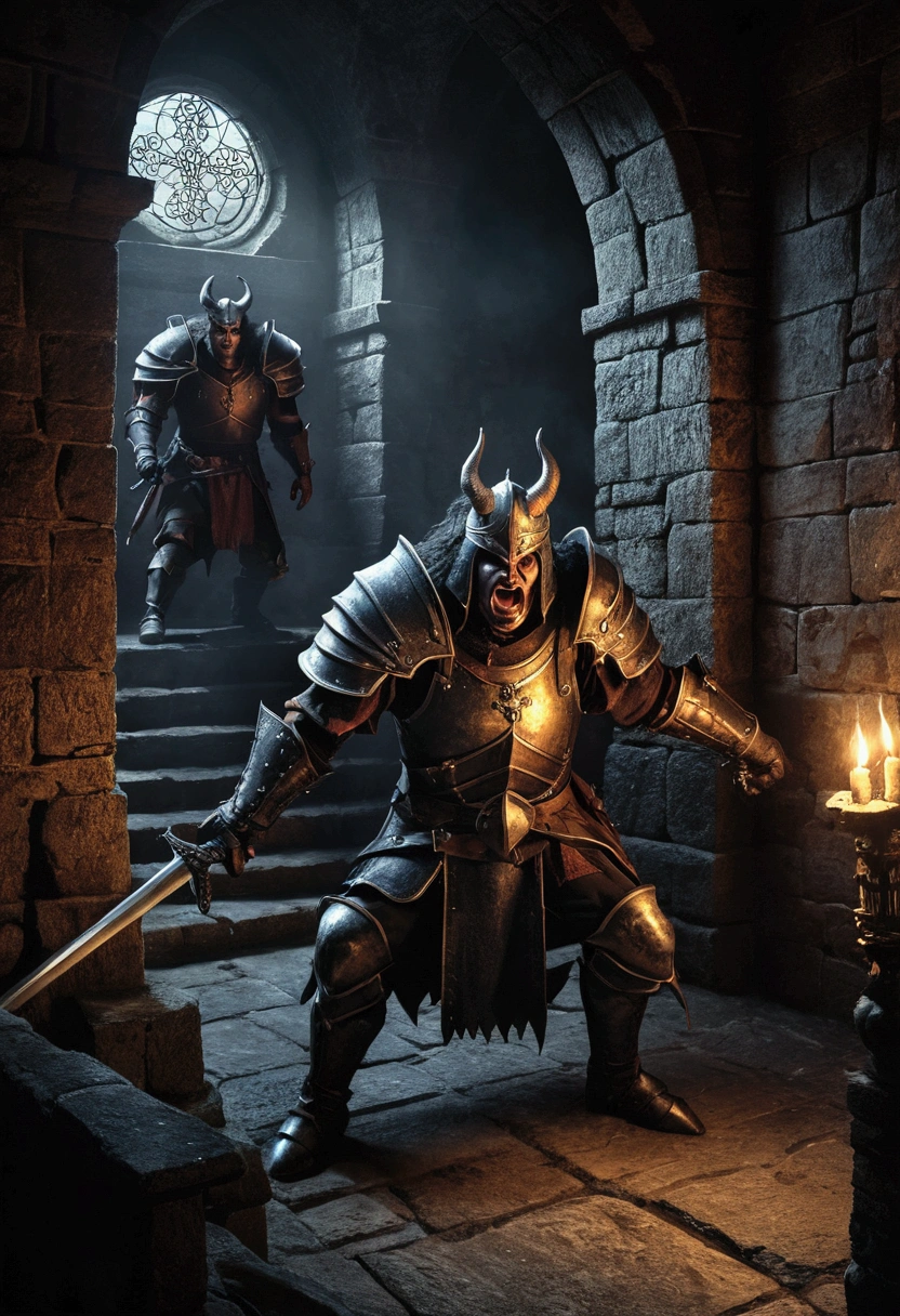 cavalier, Demons, Two monsters, cross-section,illustration, Details of the interior of the castle, Gloomy atmosphere, Middle Ages style, Dim lighting, Stone walls, Spooky shadows, Mystical Artifacts, Combat posture, Intense action, Fierce expression, Menacing claws, Sharp teeth, Menacing presence, Ominous feeling, High-quality rendering, Super detailed characters, Realistic textures, dark palette, Dramatic lighting，Game levels