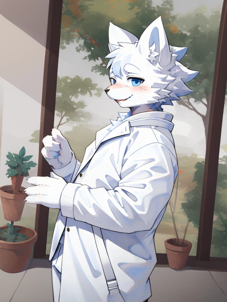 grey Wolf, (all white fur:1.5), lonely, Perfect sky blue eyes, neck, wearing a white suit, (artist:Arashi Takemoto), look ahead, Madurese way, Seniors, simple background, naughty face, flash, long eyelashes, naughty face, reach, from the side, Tonality, standing photo, Best Quality, ultra high definition, Super detail, High detail