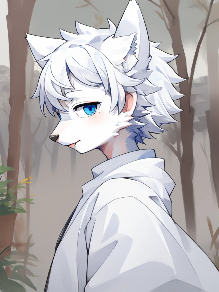 grey Wolf, (all white fur:1.5), lonely, Perfect sky blue eyes, neck, wearing a white suit, (artist:Arashi Takemoto), look ahead, Madurese way, Seniors, simple background, naughty face, flash, long eyelashes, naughty face, reach, from the side, Tonality, standing photo, Best Quality, ultra high definition, Super detail, High detail