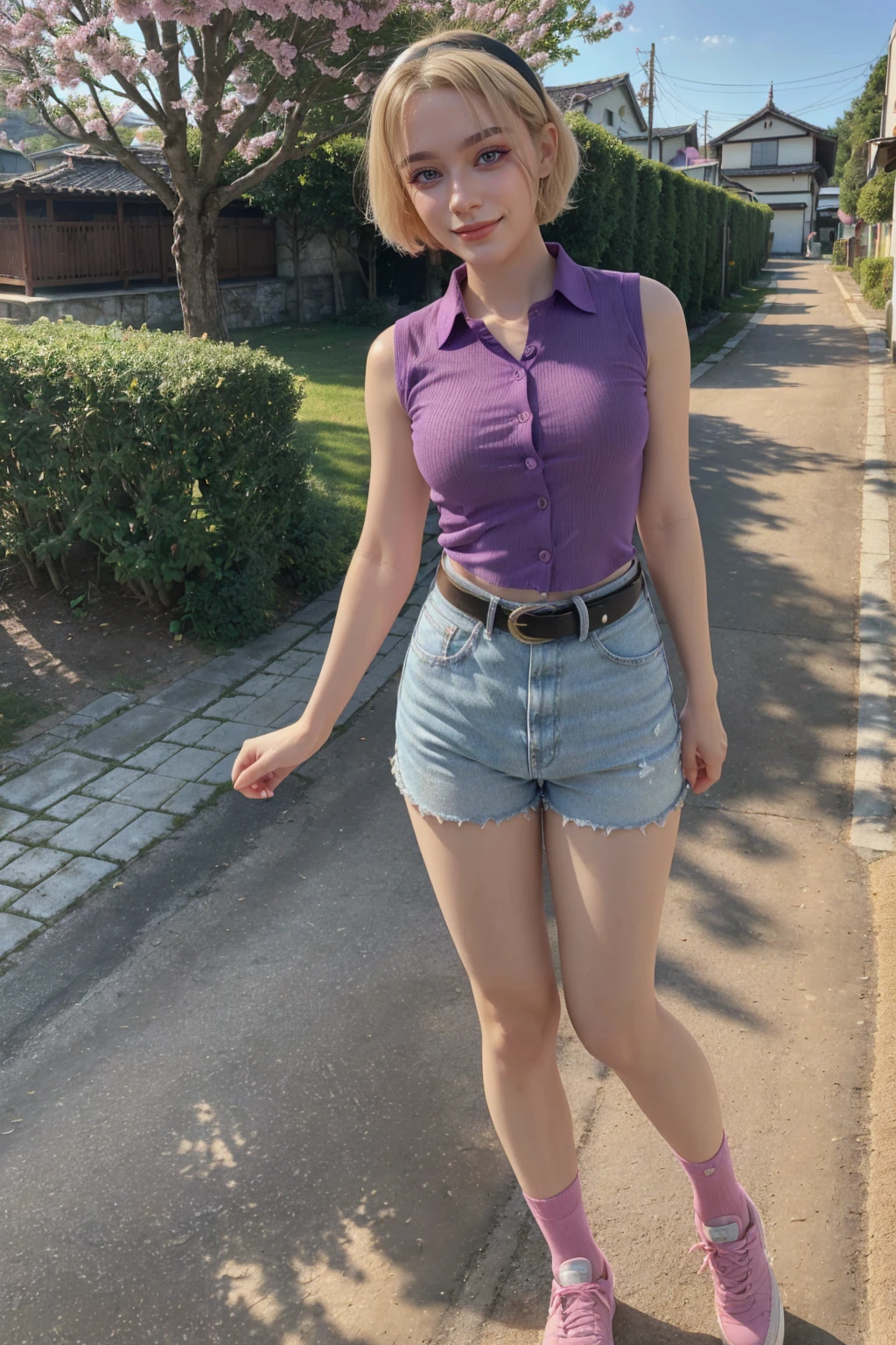 1 woman, adult woman, woman in her 30s, tarankaaa, NOT DASHA TARAN, full body standing, perfect body, best quality, 32k, photograph, full body (head to toe), tone mapping, ((houjou satoko,short hair,black hairband,blonde hair,violet eyes,hair between eyes,collared shirt,sleeveless shirt,pink shirt,shirt tucked in,mid sized breasts,belt,short shorts,blue shorts,white socks,pink footwear, athletic, big woman)), asian-european, ((golden blonde hair, short hair, purple eyes)) perfectly drawn hands, ((masterpiece)), ((highres)), ((detailed background)), japanese village background, next to a river, (big proportions), cute pose, beautiful smile, ((perfect eyes, detailed eyes, realistic eyes)), ((sharp face, detailed face, realistic face, natural skin, realistic skin, detailed skin, pores)), (wider legs, wider arms)