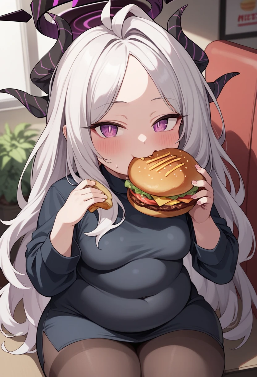 score_9, score_8_up, score_7_up , score_6_up, source_anime, hina_\(blue_archive\), long hair, purple eyes, white hair, horns, halo, moan, small breasts, sweaty, blushed, eating, potato, hamburger, McDonald's, indoors, happy, looking at viewer, chubby, plump, obese, curvy, voluptuous, shortstack, short,