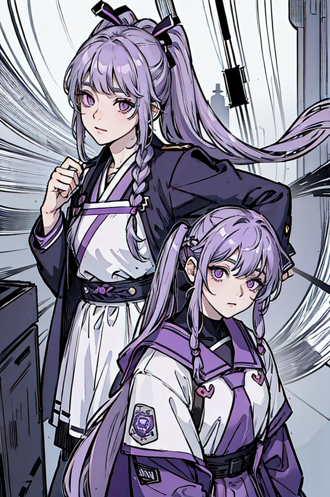 Greyish Purple hair, up pig tails with small braids, jujutsu high uniform, purple eyes