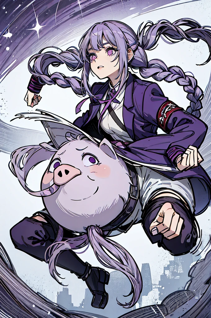 Greyish Purple hair, up pig tails with small braids, jujutsu high uniform, purple eyes