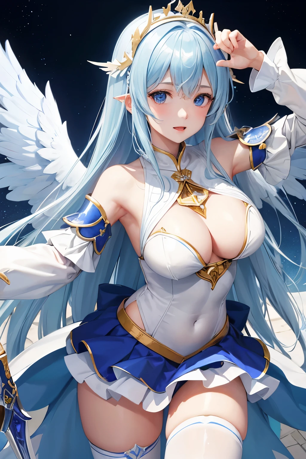 Liter、Load、Knights of Paradise、White and blue armor、Metallic Leotard、Leotard armor、Exposed belly、The umbilicus is exposed、High leg metallic skirt、Armor Skirt、3versus6Giant angel wings、princess、Princess Knight、Grab the sword and raise it above your head、Stigmata、(((SFW、sound、Highest quality、first-clasasterpiece、Normal body、8k、Detailed face、Ultra-precision、Normal hand、Normal finger、5Finger、Highest)))