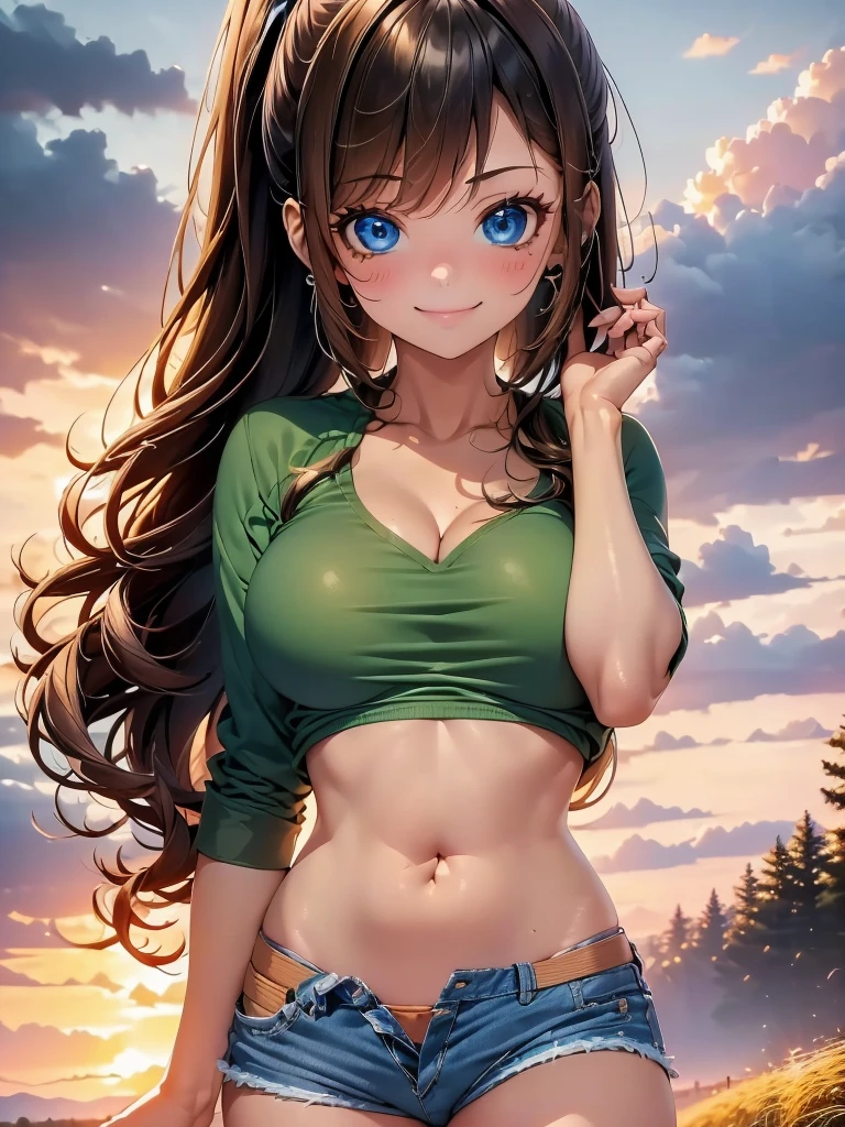 1girl, solo, beautiful girl, brunette skin, blue eyes, detailed anime style, perfect anatomy, perfect hands, narrow waist, medium breasts, long hair, brown hair, high ponytail, asymmetrical bangs, blue eyes, detailed eyes, blush, emerald earrings, strapless shirt, green shirt, open clothes, denim shorts, cleavage, navel, midriff, smile, standing, perfect hands, arm up, woods, cabin, sunset, orange sky, clouds, outdoors, underboobs, ice cream, holding ice cream, high quality, high resolution,