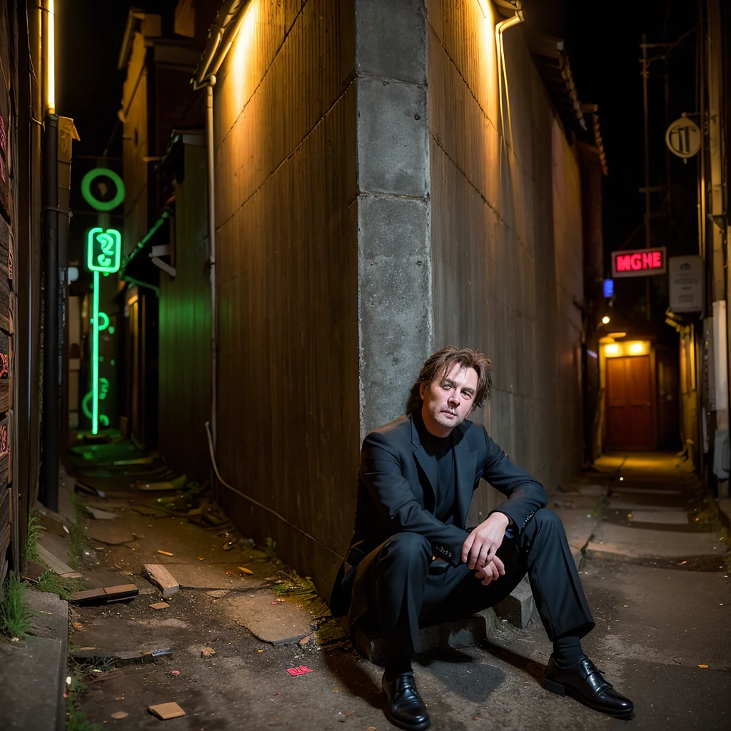 ((Highest quality)), ((masterpiece)), (detailed), One Man, (european:1.5), A tired 30-year-old, Stubble
, Black business suit, Dirty suit
, night, (darkness:1.5)
, (Neon Town:1.5), (Alley:1.5), (narrow street:1.5)
, (Concrete ground:1.5), (Sitting on the ground:1.5)
, (Abandoned wooden house wall:1.5), (Leaning against the wall:1.5)
, (Looking down:1.5), (Term drooping:1.5), Drunk
, Science fiction、Near future、