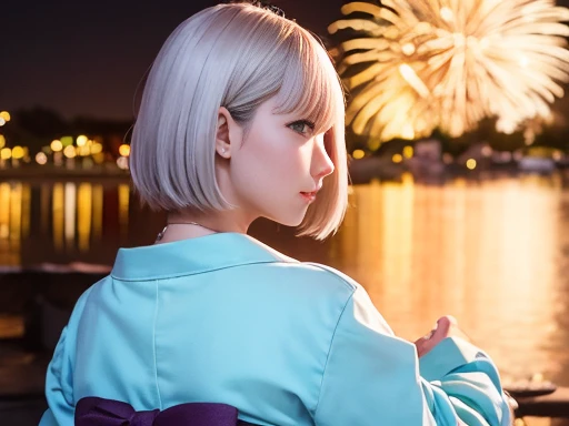 A girl watches fireworks by the lake、Cute yukata、Bob Hair、Silver Hair、Medium breast、Watching from behind、masterpiece:1.3、Raw photo、Highest quality、Detailed Background、stall、Lantern、