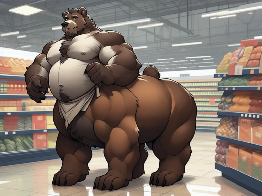 furry, fur taur, beartaur, middle-age, solo, detailed face, bear ears, bear eyes(brown), bear nose(black), bear mouth, garibaldi beard(grey), mature hair(grey), detailed arms, thick arms, muscular, thick hands(5 fingers), detailed body, thick body, muscle belly(white), thick chest, detailed taur body, thick taur body, thick bear paws, thick bear tail, full body shot, nude, standing on the supermarket