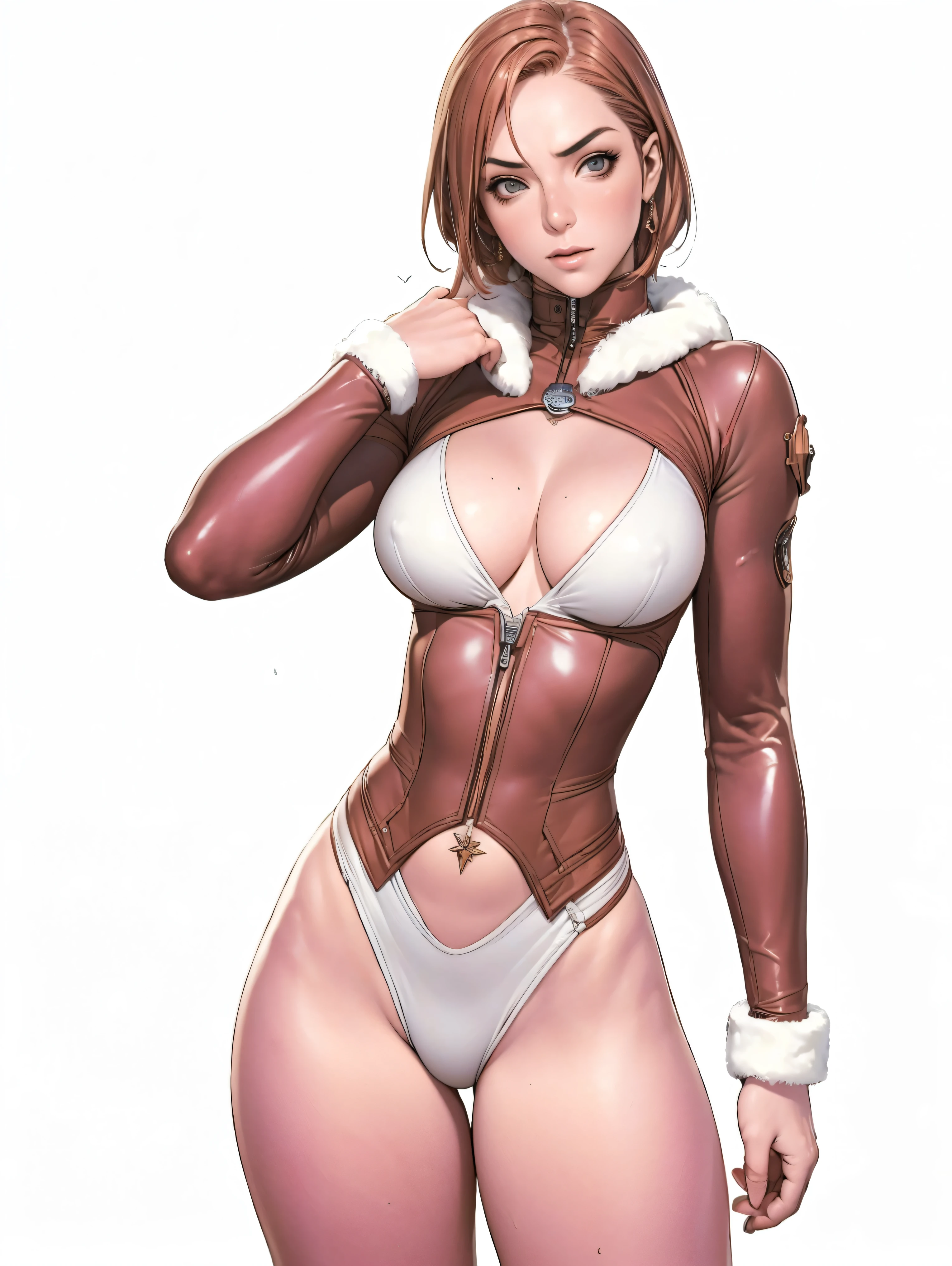 (((Annie Lennox))), (((copper color suit))), (scars), (((bandaged arms))), (((Copper-colored clothes))) ((fur hood)), (((best qualityer: 1.4))), (Unbeatable masterpiece), (hiper HD),(CG 8k hyper-realistic), brave face, (((breasts big))), (((hyper feminine))), sexly girl, black tattoo,(ultra short red hair with white highlights)), ((( sculptural body ))), (((1 Kizi))), Kizi tatuada de 25 anos com perfectbody,,Beautiful and well-groomed face,muscular body:1.2,solid color detailed jacket, (Head to thigh photos), Complex equipment, copper,Tight clothes,With white stars and off-white stripes,,,,,Armor Metal Electronic Parts, Poison tattoos ) INFO, Kizi, (((standing alone))), pirralha violent, 24歳, sexy, pose de atitude, work of art, post-apocalypse, (((manga style))), bounty hunter, violent, Manic, the way you want, perfect body, roupa moderna, advanced technology, Pleated mini skirt with checkered pattern in red and black, fur collar jacket, sleeves with vertical striped pattern, neutral background, (( cowboy shot )). intricate visual, narrow waist, (((wide hips))), fit thighs, (thigh gap), background shows a futuristic airplane