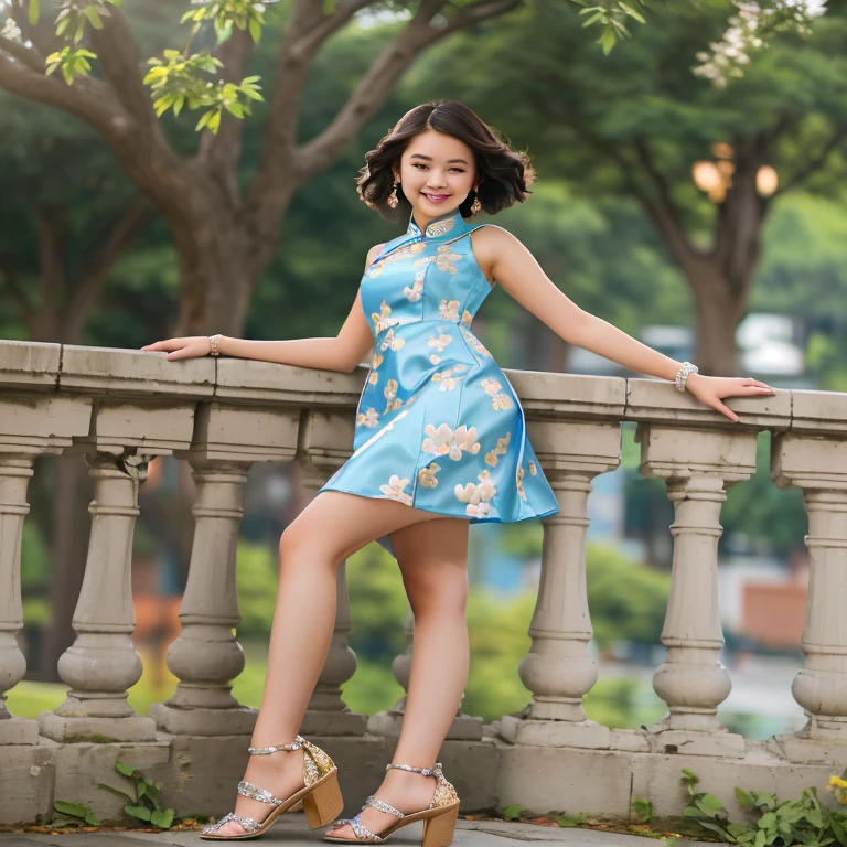 Tween girl in a blue dress leaning on a railing, photo of slim girl model, cute elegant pose, wearing a blue qipao dress, sky - blue dress, in a blue qipao, full body cute young lady, attractive pose, cheongsam, elegant smiling pose, beautiful girl model, very beautiful slim legs, woman model, modeling photography