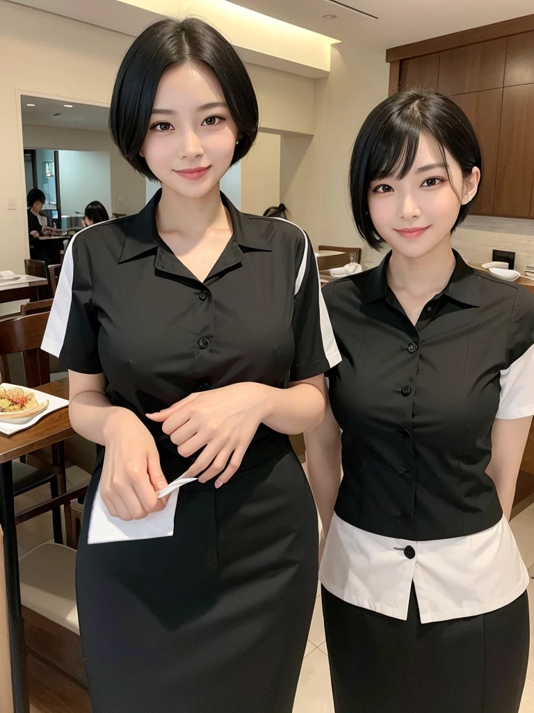 Highest quality、masterpiece、8k、Very detailed、Realistic、Looking at me with a smile、whole body、Black Hair、Short Hair、Small face、Slender、(Very large breasts)、Thin and beautiful legs、narrow and constricted waist,、(Family Restaurant Uniforms:1.2)