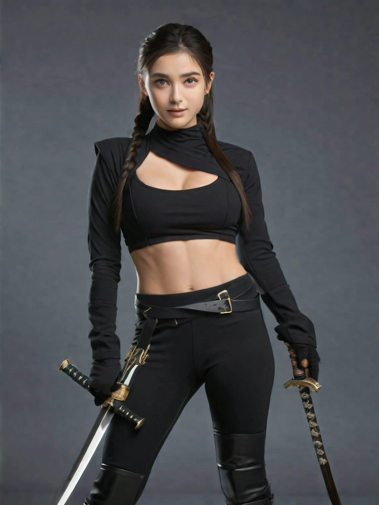 (((masterpiece))),((high quality)),((intricate details)),((photorealistic)),32k,
Professional lighting,(professional photography),
Sharp focus (highly detailed),
Vivid saturation,
,
Beautiful girl (ninja) with sexy body,perfect anatomy,shiny skin,fine skin,well-defined face,perfect eyes,captivating eyes,slender fingers,perfect beautiful hands,beautiful hair,slim waist,slim arms,slim legs,(big breasts: 1.1),
,
Shot in a big city at night,
Short hair,
Ninja costume with matte fabric embroidery,ninja sword gloves,(matte black fabric shorts: 1.2),(matte black fabric spats: 1.2),braided boots,
Toothy smile