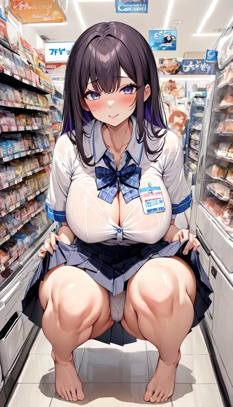 Looking at the audience, whole body,
1 girl, Japanese, high convenience store 混雑した店内、The cashier's expression is surprised、girl, Long hair, fluttering hair, (Half Up, Half Updo), bangs, Hair between the eyes, Huge breasts, No bra、Pink nipples、
Beautiful Hair, Beautiful Face, Fine and beautiful eyes, Beautiful clavicle, Beautiful body, Beautiful breasts, Beautiful thighs, Beautiful legs, Beautiful fingers, Beautiful breasts,
(Beautiful views), , convenience store, Grey plaid pleated skirt, Blue checked bow tie)), White panties,
(squat, , Lift up the skirt, Grab the hem of your skirt, please put your hand on your chest, Place your hands between your legs),
blush, ,Men with erections around