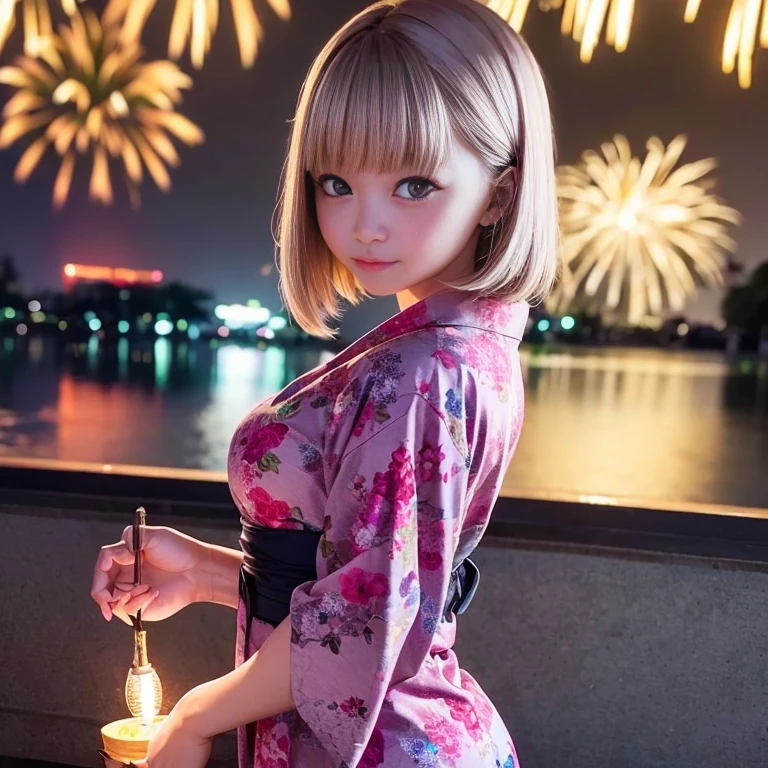 A girl watches fireworks by the lake、Cute yukata、Bob Hair、Silver Hair、Medium breast、Watching from behind、masterpiece:1.3、Raw photo、Highest quality、Detailed Background、stall、Lantern、