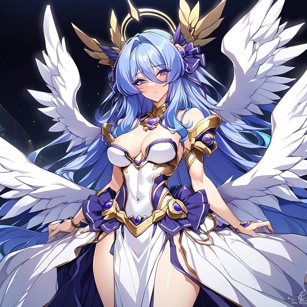 ((Highest quality)), ((masterpiece)), (detailed), (Perfect Face)、The woman was a great angel who became the Greek goddess Hera.6An archangel and god with wings and a shining halo above his head.々The wife of Zeus, the king of the gods, the goddess Hera Extella、The woman was the beautiful goddess Heraexia, queen of the one and only god Zeus. She had medium-long blue hair, was wearing a pure white dress with gorgeous gold embroidery and trim, an engagement ring, and gorgeous accessories. She was an elegant goddess, the graceful and beautiful goddess Heraexia.