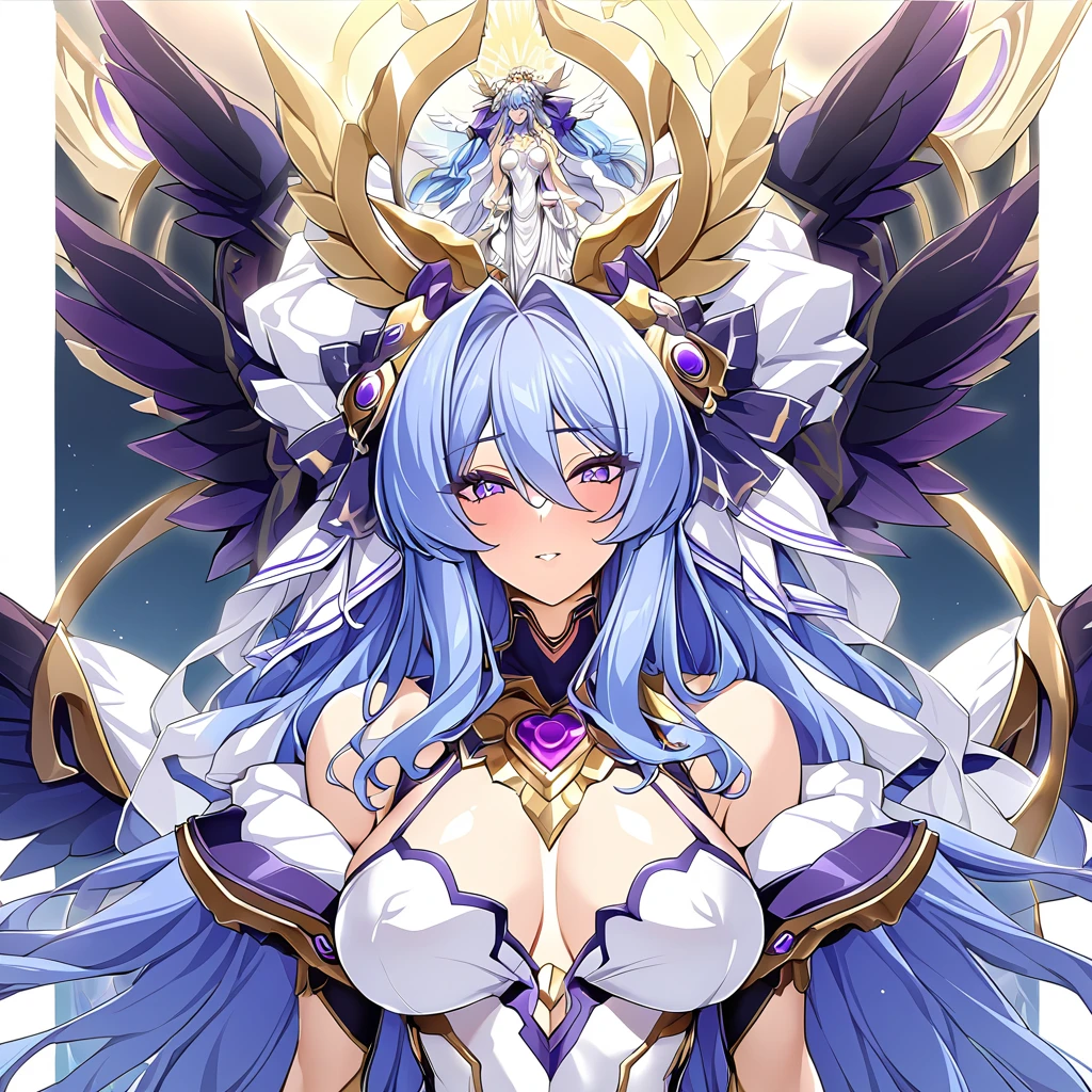 ((Highest quality)), ((masterpiece)), (detailed), (Perfect Face)、The woman was a great angel who became the Greek goddess Hera.6An archangel and god with wings and a shining halo above his head.々The wife of Zeus, the king of the gods, the goddess Hera Extella、The woman was the beautiful goddess Heraexia, queen of the one and only god Zeus. She had medium-long blue hair, was wearing a pure white dress with gorgeous gold embroidery and trim, an engagement ring, and gorgeous accessories. She was an elegant goddess, the graceful and beautiful goddess Heraexia.