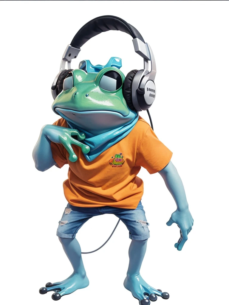 A frog, He is wearing an orange shirt, has a headset