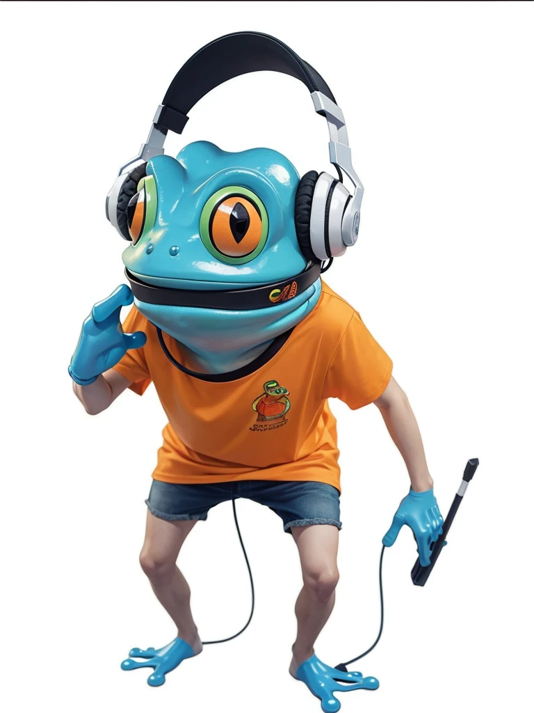 A frog, He is wearing an orange shirt, has a headset