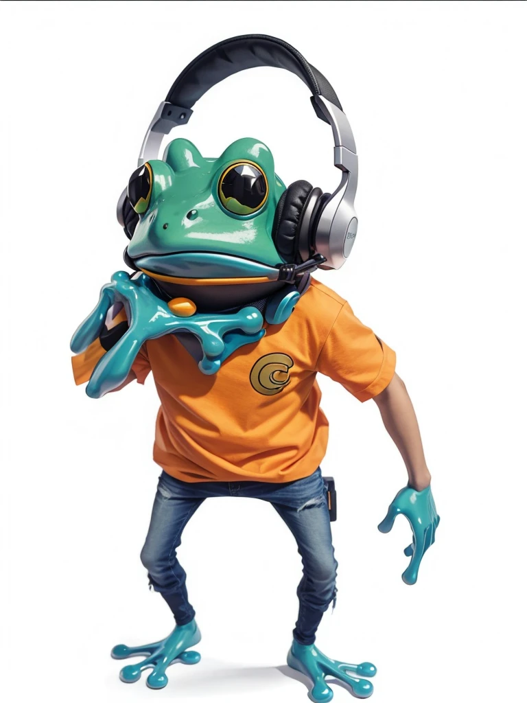 A frog, He is wearing an orange shirt, has a headset
