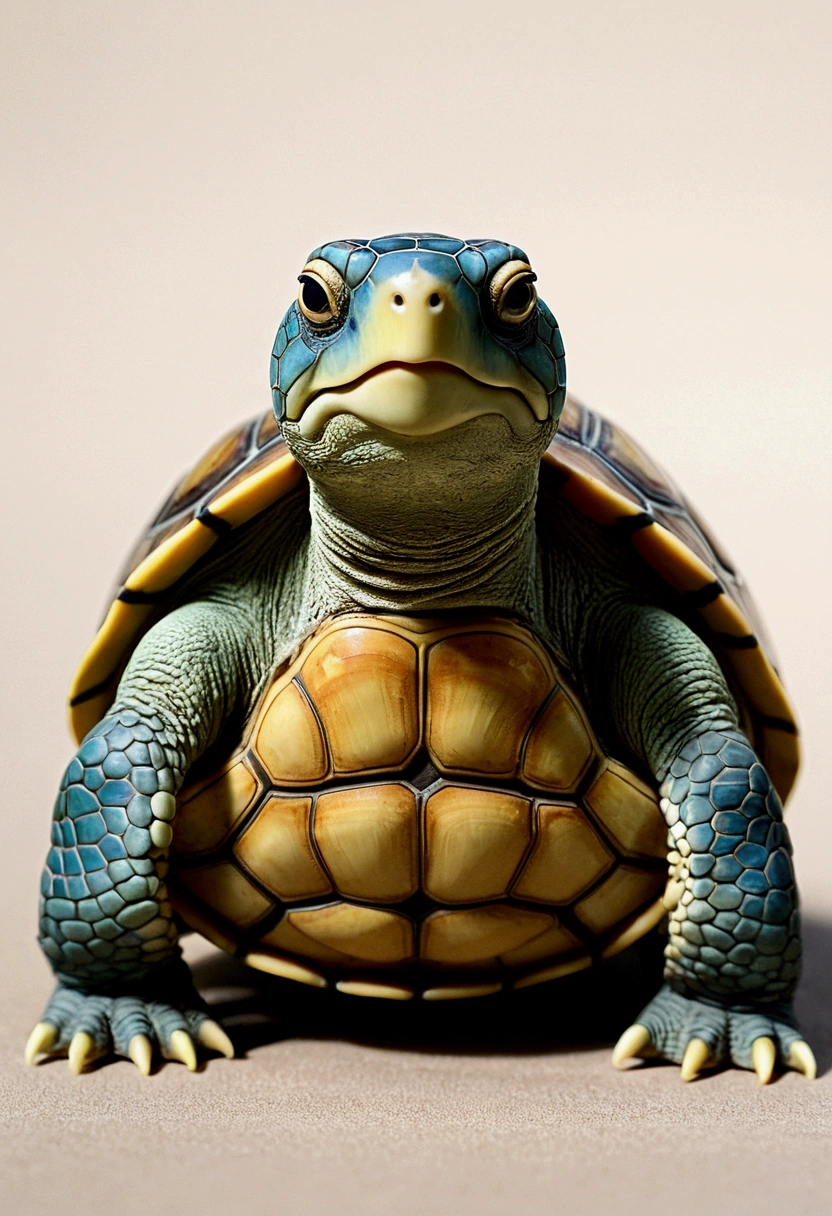 Ghibli Expressing calm, A clever looking turtle moving slowly. The turtle looks contented and thoughtful.