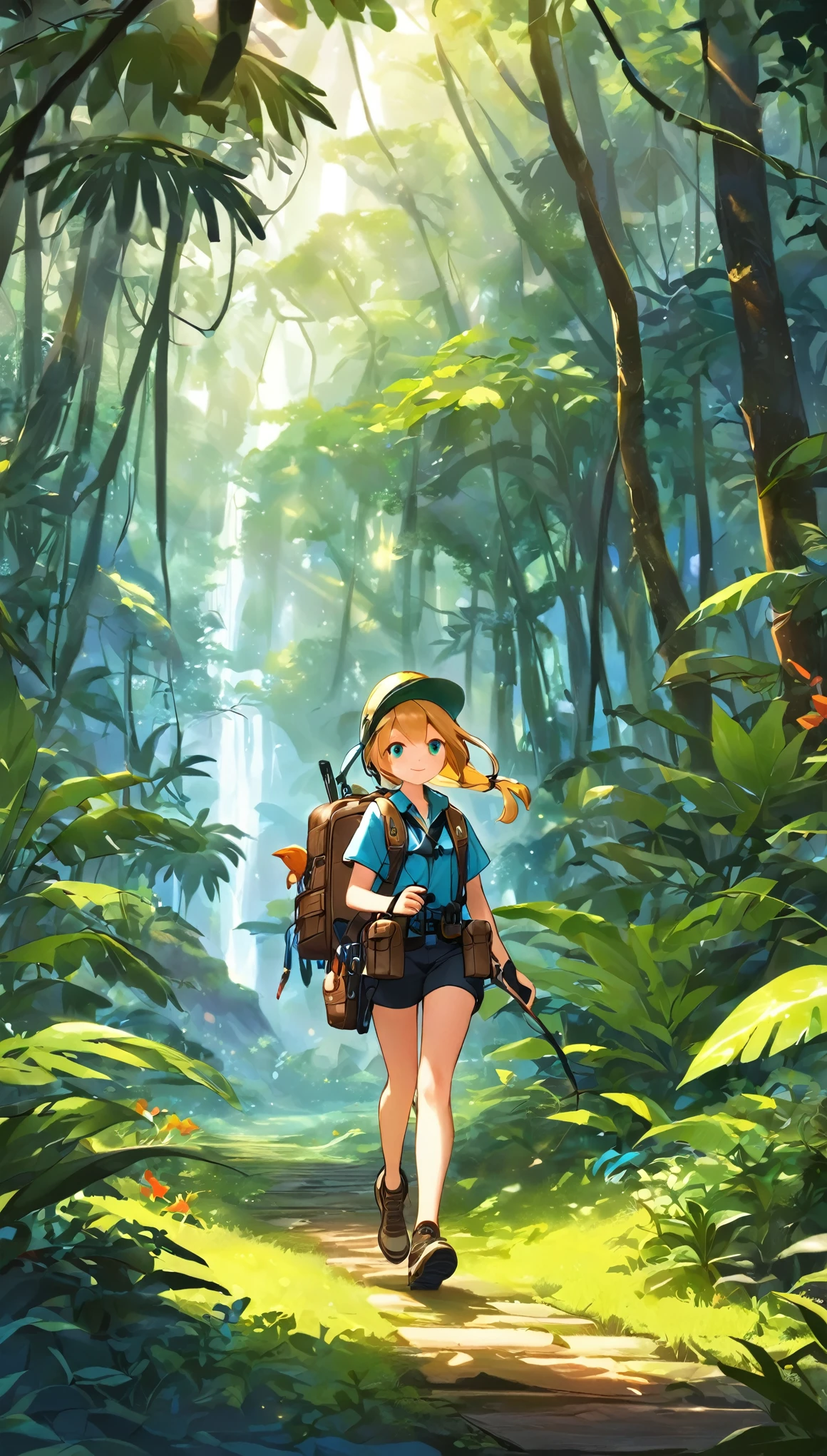 score_9, score_8_superior, score_7_superior, score_6_superior, score_5_superior, score_4_superior, BREAK、Highest quality:1.2、masterpiece、Highly detailed CG unit wallpaper、High resolution、BREAK、Jungle Adventure、Subtropical plants、Mysterious Jungle、Wilderness、Explorer's attire、Sharp Eyes、One Girl、Walking、Densely grown grass、
