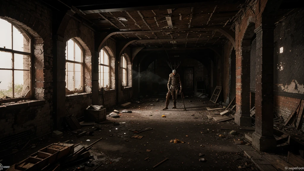 In the abandoned cellar, the old wood was decayed, dark, and full of cobwebs, vines, and weeds. There was a fish-headed creature with fangs. There was a body mixed with a cyborg, rusty armor, a dirty floor, scattered skulls. Dark orange tone complicated details ultra high definition Built with the aesthetics of Unreal Engine 5, with additional fog and more intricate details. horror movie scene