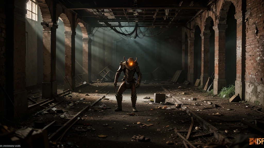 In the abandoned cellar, the old wood was decayed, dark, and full of cobwebs, vines, and weeds. There was a fish-headed creature with fangs. There was a body mixed with a cyborg, rusty armor, a dirty floor, scattered skulls. Dark orange tone complicated details ultra high definition Built with the aesthetics of Unreal Engine 5, with additional fog and more intricate details. horror movie scene