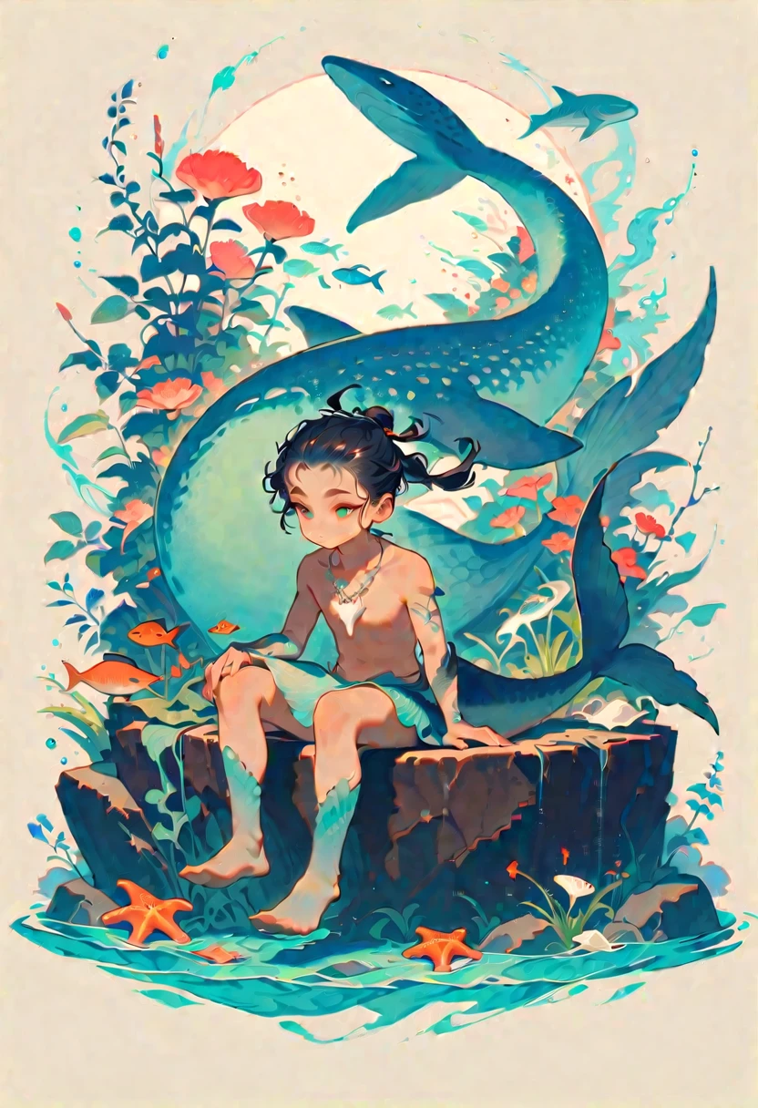 Style 9, a merman with straight black hair tied in a ponytail, light skin, olive eyes, no shirt, with a whale shark tail instead of legs, some white spots with grayish blue on his arms, a seashell necklace , sitting on a rock under water
