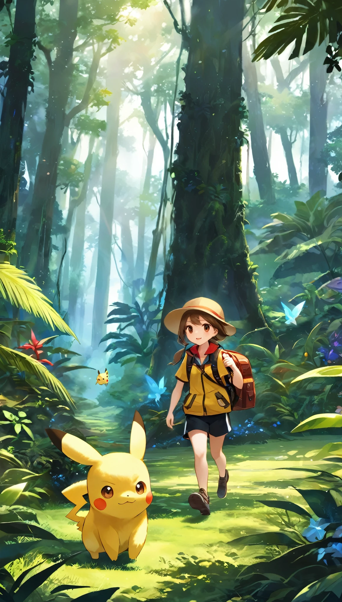 score_9, score_8_superior, score_7_superior, score_6_superior, score_5_superior, score_4_superior, BREAK、Highest quality:1.2、masterpiece、Highly detailed CG unit wallpaper、High resolution、BREAK、Jungle Adventure、Subtropical plants、Mysterious Jungle、Wilderness、Explorer's attire、Sharp Eyes、One Girl、Walking、Densely grown grass、Pikachuと一緒に歩く、Pikachu、小さいPikachu