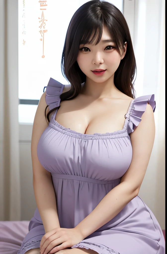 (8K, Raw photo, Photorealistic:1.25), masutepiece, Best Quality, Illustration, Ultra-detailed, delicate detail, hight resolution, 8K Wallpaper, Perfect dynamic composition, Beautiful detailed eyes, Natural Lip, (Sexy purple knitted dress:1.3), (((Huge breasts :1.2, ))), cleavage, perfect glossy skin, prefect skin, (((dazzling white skin))), moist lips,、full body Esbian、spreading legs、A smile、The background is office、