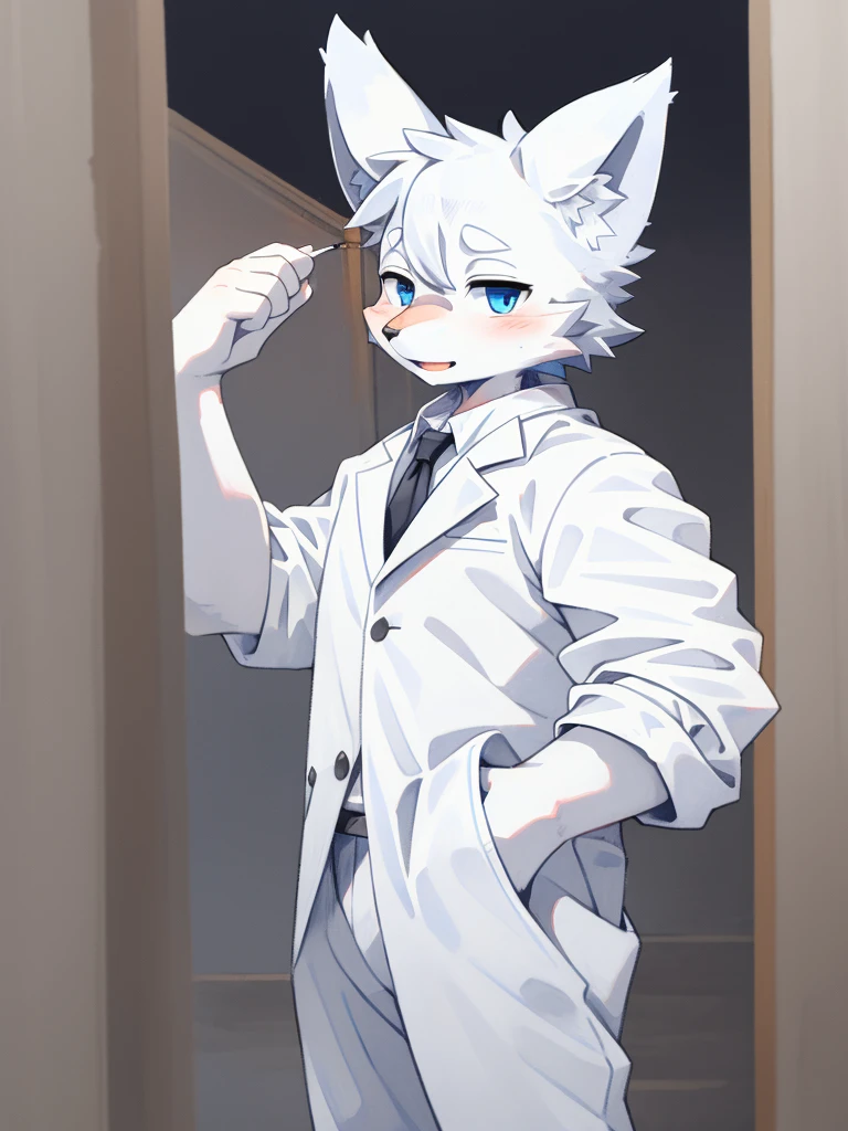 grey Wolf, (all white fur:1.5), lonely, Perfect sky blue eyes, neck, wearing a white suit, (artist:Arashi Takemoto), look ahead, Madurese way, Seniors, simple background, naughty face, flash, long eyelashes, naughty face, reach, from the side, Tonality, standing photo, Best Quality, ultra high definition, Super detail, High detail