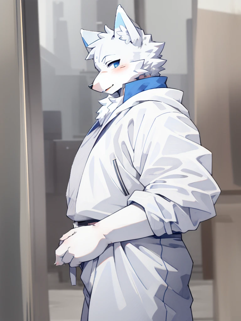 grey Wolf, (all white fur:1.5), lonely, Perfect sky blue eyes, neck, wearing a white suit, (artist:Arashi Takemoto), look ahead, Madurese way, Seniors, simple background, naughty face, flash, long eyelashes, naughty face, reach, from the side, Tonality, standing photo, Best Quality, ultra high definition, Super detail, High detail