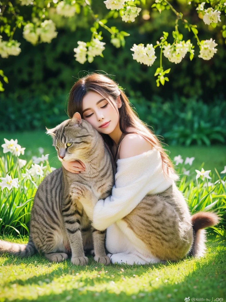 a cat sitting in the grass with another cat, two peaceful cats sleeping close together, surrounded by blooming hyacinths, lilies and daffodils, cats with flowers on their cheeks, cute and wholesome spring scene, (best quality,4k,8k,highres,masterpiece:1.2),ultra-detailed,(realistic,photorealistic,photo-realistic:1.37),beautifully detailed cats, extremely detailed eyes and face,longeyelashes,detailed fur textures,natural lighting,vibrant colors,serene landscape,lush greenery,field of flowers