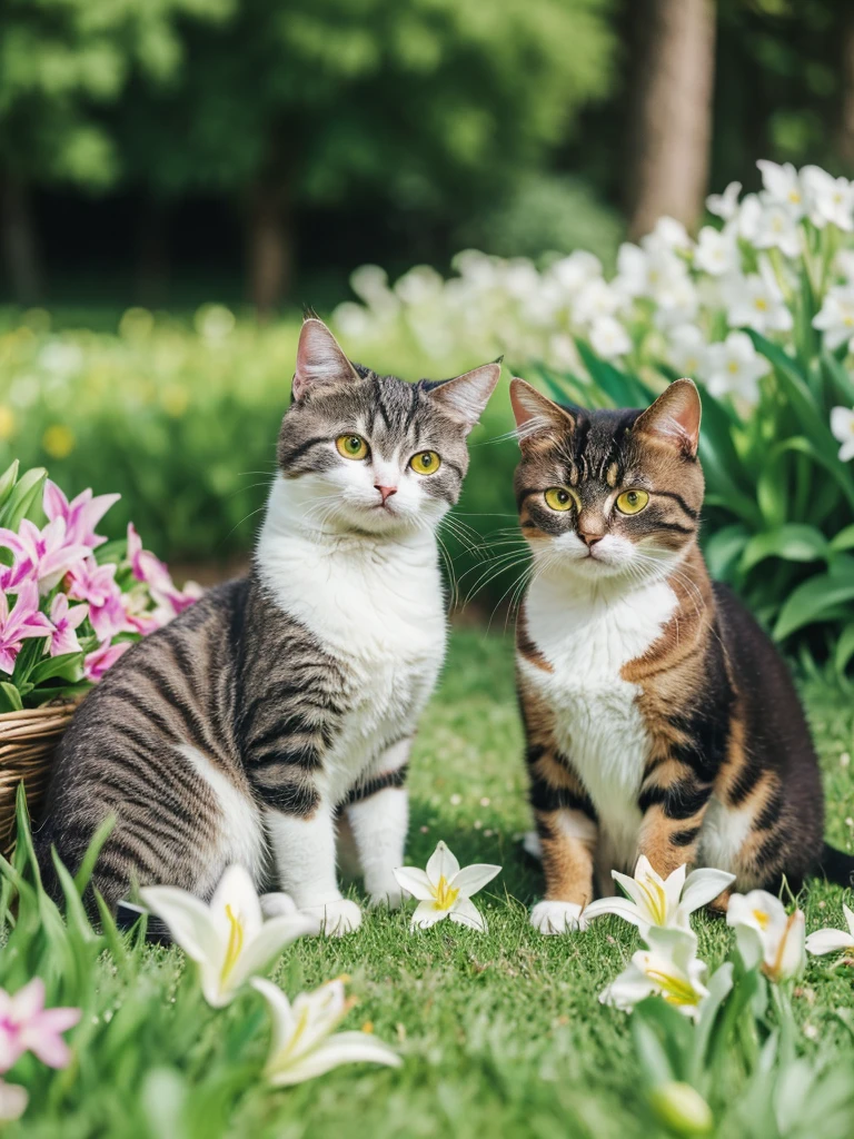 a cat sitting in the grass with another cat, two peaceful cats sleeping close together, surrounded by blooming hyacinths, lilies and daffodils, cats with flowers on their cheeks, cute and wholesome spring scene, (best quality,4k,8k,highres,masterpiece:1.2),ultra-detailed,(realistic,photorealistic,photo-realistic:1.37),beautifully detailed cats, extremely detailed eyes and face,longeyelashes,detailed fur textures,natural lighting,vibrant colors,serene landscape,lush greenery,field of flowers