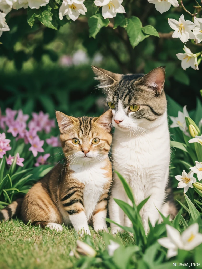 a cat sitting in the grass with another cat, two peaceful cats sleeping close together, surrounded by blooming hyacinths, lilies and daffodils, cats with flowers on their cheeks, cute and wholesome spring scene, (best quality,4k,8k,highres,masterpiece:1.2),ultra-detailed,(realistic,photorealistic,photo-realistic:1.37),beautifully detailed cats, extremely detailed eyes and face,longeyelashes,detailed fur textures,natural lighting,vibrant colors,serene landscape,lush greenery,field of flowers