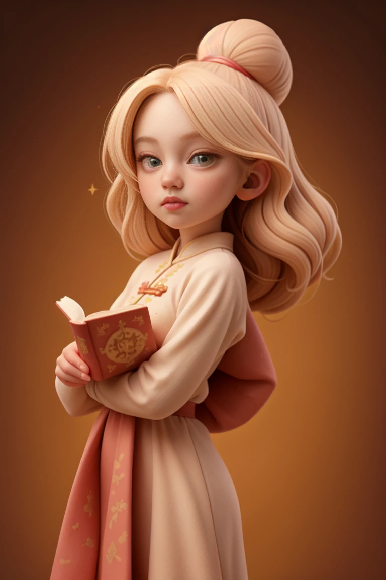 an epic colorful book cover of a 20th century young Blonde Swedish witch green eyes, transported in Tang Dynasty times in ancient China, European face, Tang dynasty clothes, wearing colorful red hanfu, neutral expression, holding a shining magic book, in a palace room, masterpiece, best quality, trending on artstation, intricate details, eerie magical atmosphere, sparkles, epic background, Chinese palace in the background