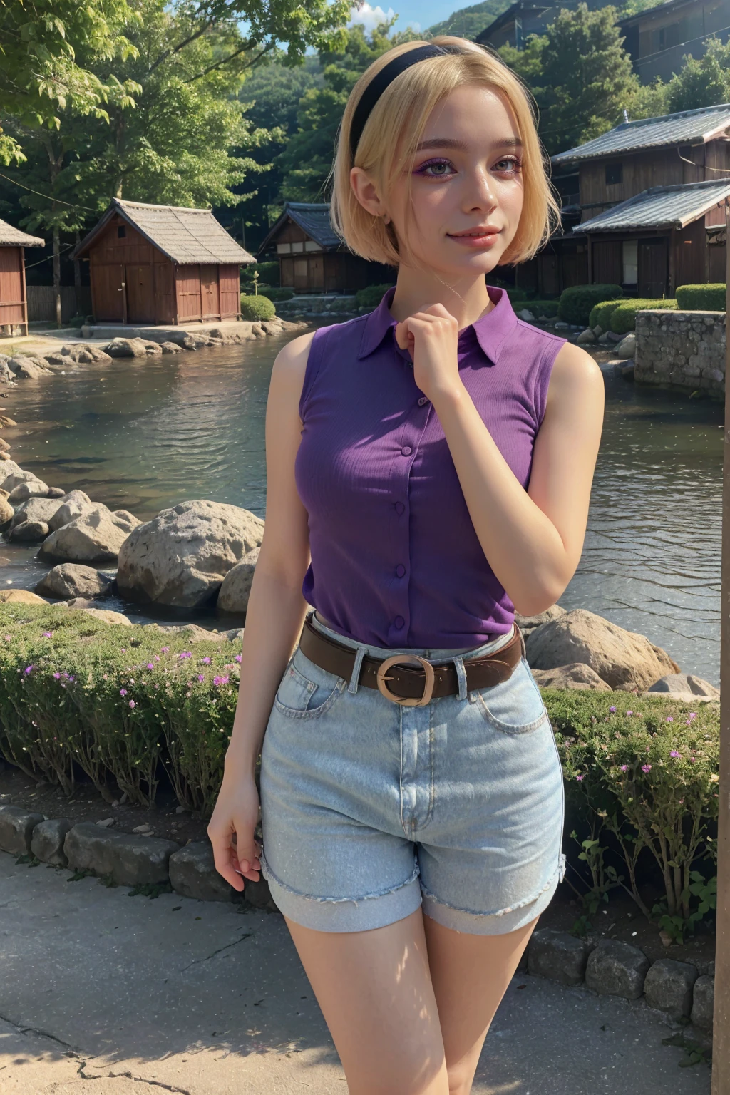 1 woman, adult woman, woman in her 30s, tarankaaa, NOT DASHA TARAN, full body standing, perfect body, best quality, 32k, photograph, full body (head to toe), tone mapping, ((houjou satoko,short hair,black hairband,blonde hair,violet eyes,hair between eyes,collared shirt,sleeveless shirt,pink shirt,shirt tucked in,mid sized breasts,belt,short shorts,blue shorts,white socks,pink footwear, athletic, big woman)), asian-european, ((golden blonde hair, short hair, purple eyes)) perfectly drawn hands, ((masterpiece)), ((highres)), ((detailed background)), japanese village background, next to a river, (big proportions), cute pose, beautiful smile, ((perfect eyes, detailed eyes, realistic eyes)), ((sharp face, detailed face, realistic face, natural skin, realistic skin, detailed skin, pores)), (real wider legs, truly wider arms)