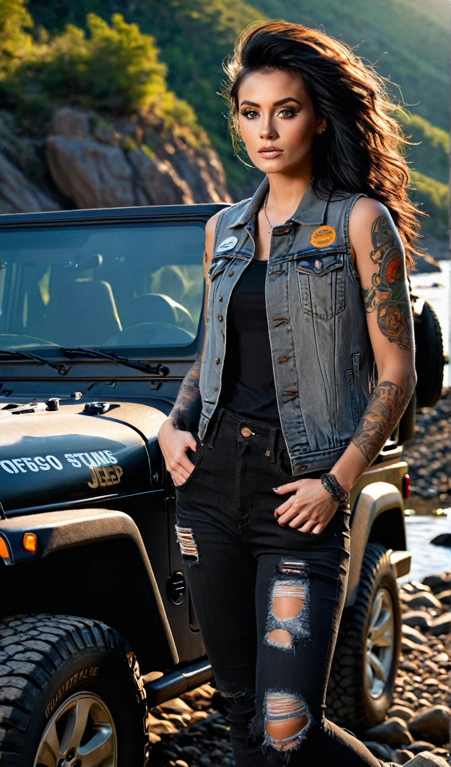 masterpiece, above, very realistic, very detailed, original photo, Best Quality, beautiful woman, standing leaning against the front of a matt black hardtop jeep with one elbow resting on the front of the car facing forward, over a river track with large rocks and water looks flowing, the car body is full of stickers, the orange sunlight shining through makes the atmosphere look natural, wearing a gray denim vest full of patches, slightly tattooed arms, tight black jeans ripped at the knees, dark brown sneakers, facing the audience, hair long flowing black, graceful and beautiful. neat and clean, beautiful, Raw photo, Professional Photography, Portrait, Soft light, Professional Lighting, Back lighting, full body, performer, Advanced, Film grain, (Eyes and face details: 1.0), Long flowing black hair. Very detailed definition