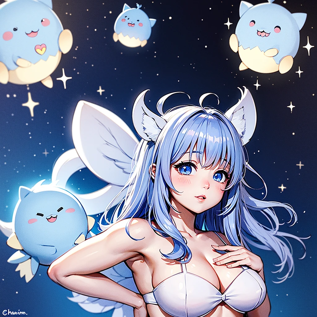 Absurd、Unreal、Mascot character、Blue and white star fairy、fluffyでマルっとしてかわいい、a mysterious creature、fluffy、
