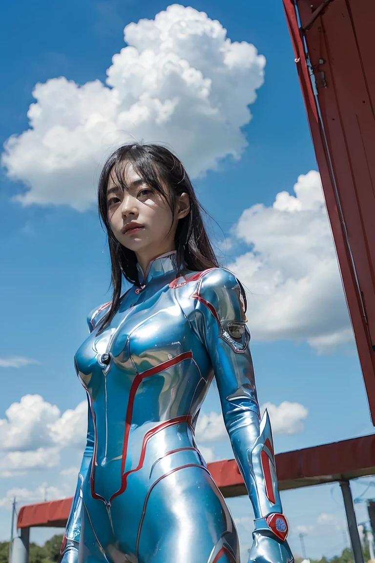 (((blue sky with cloud in background)), Ultraman、realistic、realistic、cinematic lighting, Girl in a shiny red and silver suit、、professional photos、Don&#39;Do not expose your skin, japanese model, japanese cgi、Ultraman Suit、, Power Rangers Suit、tight and thin cyber suit,Whole body rubbery、There&#39;s pink There、 delicate body, big breasts、small ass、thin thighs、thin arms、thin waist、camel toe、Both sides of the cyber suit stick to the skin、Big eyes、black short hair、facing the front、facing the front立っている、A glowing sphere is embedded in the chest.、Essay Examination、 blue sky background